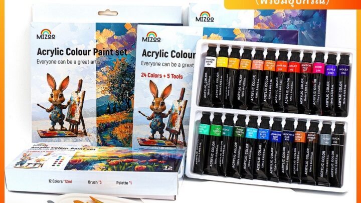 Mizoo 1224สี สีอะคริลิค 12ml พร้อมเครื่องมื ชุดสีอะคริลิค Acrylic Paint สีเพ้นท์ผ้า กระดาษ ผ้าใบ ไม้ พื้นผิวแก้ว