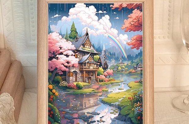 เทพนิยายเมืองสไตล์ภาพวาดสีน้ามันห้องนั่งเล่นกรอบรูปทางเข้าตารางภูมิทัศน์ภาพวาดตกแต่งศิลปะตารางเครื่องประดับของขวัญ0023