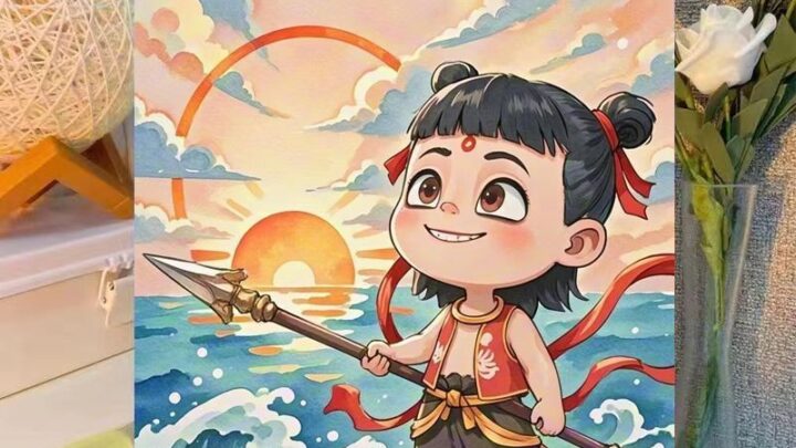 Nezhas Demon เด็กผีสิง Sea diy ภาพวาดสีน้ามันดิจิตอล HandFilled Nezha Ao Bing มือวาดสีน้ามันภาพวาดตกแต่ง0023