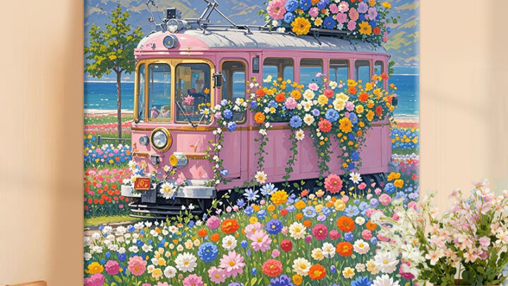 ฮวาหยาง รถไฟทาเองภาพสีน้ามันดิจิตอลอะคริลิบรรจุมือวาดเส้นทางภูมิทัศน์รักษาชุดบีบอัดสีน้ามันระบายสีภาพวาด0023