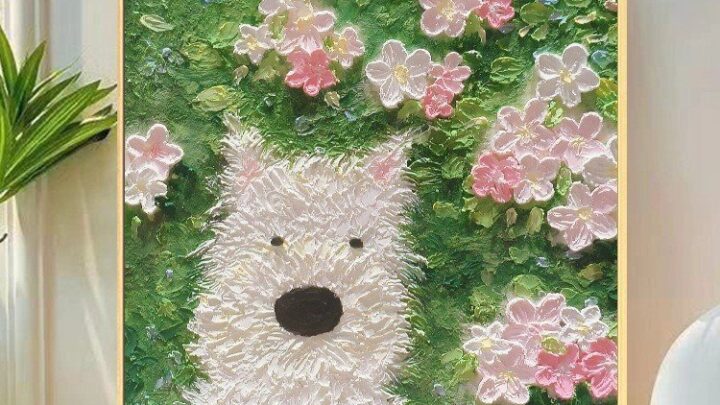 ภาพวาดมือถ่ายทอดความน่ารักของสุนัข วาดด้วยสีน้ำมันและอะคริลิก สไตล์คิวต์สำหรับตกแต่งบ้านเจ10n