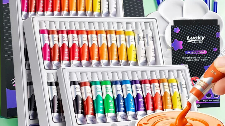 Lucky สีอะคริลิค ชุดสีอะคริลิก 121824สี Acrylic Paint 12ml พร้อมเครื่องมือ ระบายสีDIY ระบายได้เกือบทุกพื้นผิว